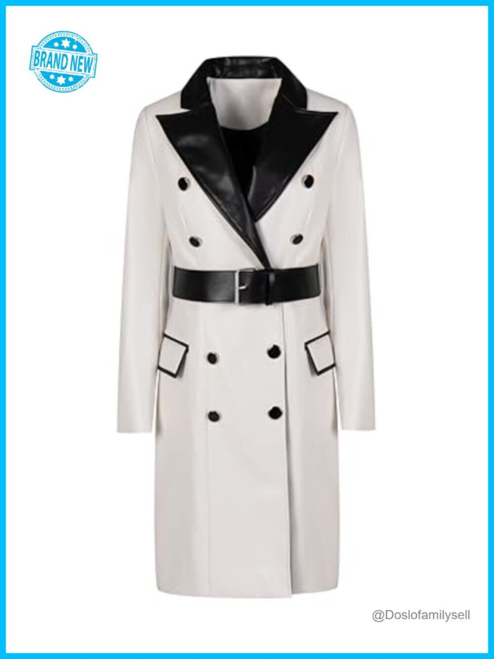Faux Leather Trim Double-Breasted Belted Trench Coat Women's